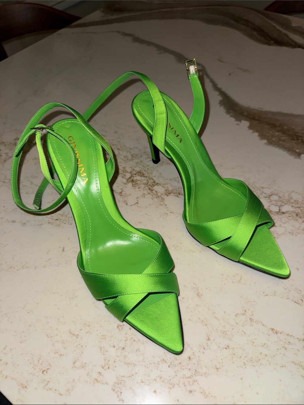 Ginissima Lime Green Satin Pointed-Toe Ankle-Strap Heels